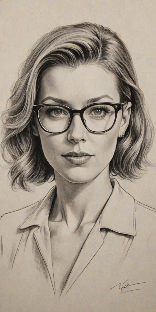 Splendid Natalie Zea, pencil sketch, portrait of Pleasing woman 1932s in glasses, hair style beatnik, outline, clear lines, fine lines, 8k