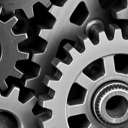 create an intricate close-up of interlocking gears with a high contrast black and white color scheme, using a DSLR camera with an aperture of f/2.8, ISO 100, shutter speed of 1/125s, macro lens, and a slightly elevated overhead view to highlight the textures and details of the gears