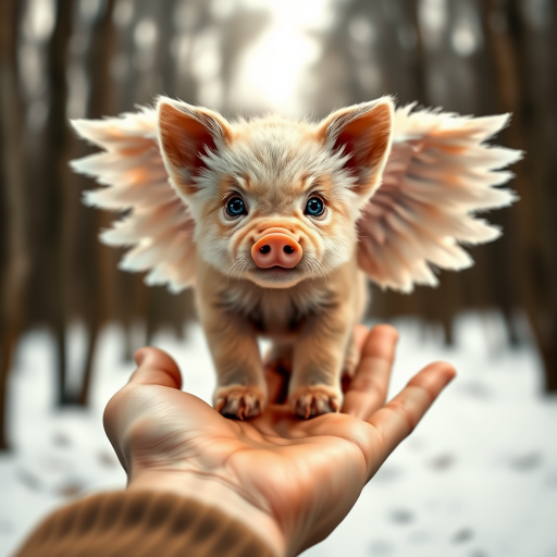 A cute pig with angelic wings standing on a human hand. The cub has a soft, fluffy texture with detailed fur, expressive blue eyes, and a curious expression. The wings are large and feathery, blending seamlessly with its fur, giving an ethereal appearance. The background is a winter forest, with the ground covered in snow and blurred brown trees, creating a serene atmosphere. The human hand in the foreground is positioned palm-up, supporting the lion cub gently, fingers slightly curled. The lighting is soft and diffused, enhancing the tender and magical feel of the scene. Colors are predominantly neutral with white, cream, and soft browns, contrasting with the subtle blue of the lion cub's eyes. The overall composition is balanced, with the cub at the center, creating a focal point that draws the viewer's attention immediately.