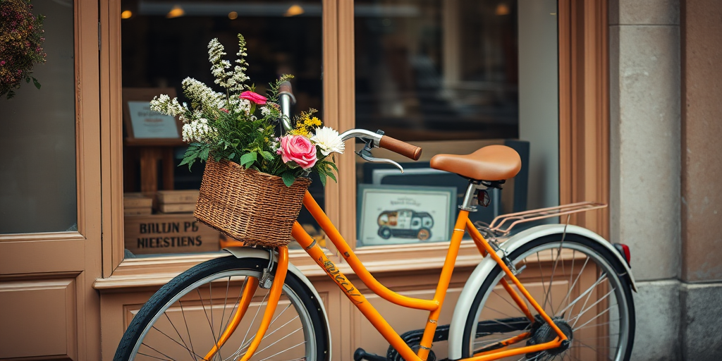 Capture a vintage orange bicycle with a basket filled with flowers parked in front of a charming shop window, natural light, shallow depth of field, 50mm lens, ISO 100, aperture f/2.8, DSLR camera, warm color tones.