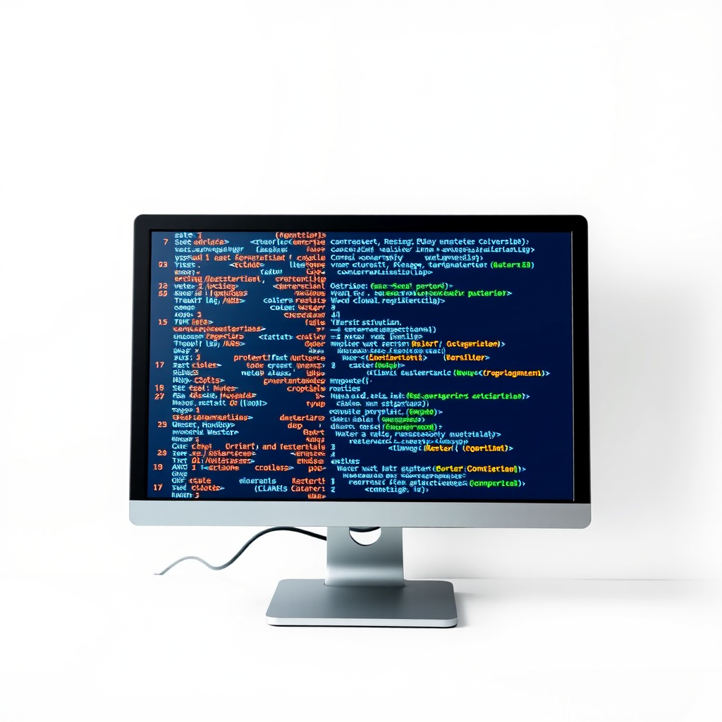 Create a vibrant graphic of a computer monitor displaying colorful code segments in blue, orange, and gray on a clean white background, captured in high resolution with a DSLR camera, 50mm lens, f/1.8 aperture, ISO 200, natural lighting for clarity and detail.
