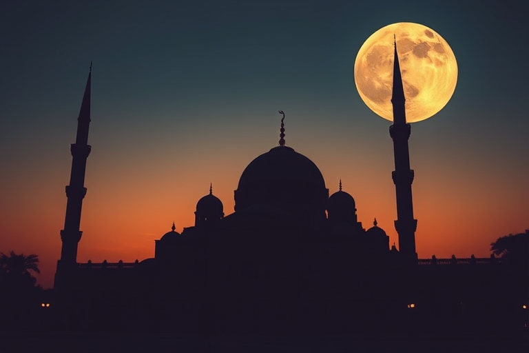 Create a silhouette of a majestic mosque at twilight with a large moon in the background, featuring a person standing in the foreground; use a DSLR camera with a 50mm lens, aperture f/1.8, ISO 100, and a sunset/silhouette style for enhanced color contrast and details.