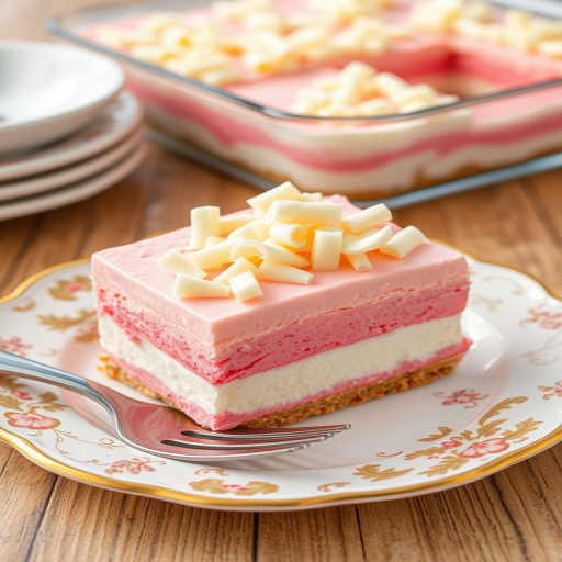 A delicious layered dessert featuring a square slice with pink and white creamy layers and topped with white chocolate curls served on a decorative plate with a fork beside it and a glass dish of the dessert in the background
