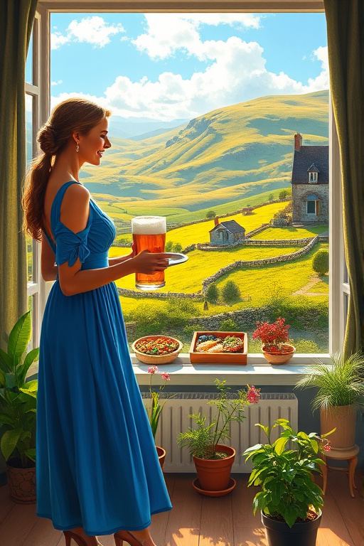 In "A Glass of Beer on the Highland," a serene scene is depicted in a sunlit room where a woman in a vibrant blue dress stands by a large window. She holds a tray with a hearty meal and a frothy glass of beer, embodying a moment of relaxation. Outside, the breathtaking highland landscape features rolling green hills and a charming traditional house, all bathed in warm afternoon light. The interior is adorned with potted plants, creating a harmonious blend of comfort and nature. The painting beautifully captures the tranquility and joy found in simple pleasures amidst stunning scenery