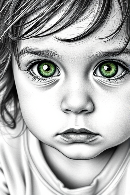 A hyperdetailed photorealistic black and white sketch of a beautiful toddler with deep green eyes, with a macro focus