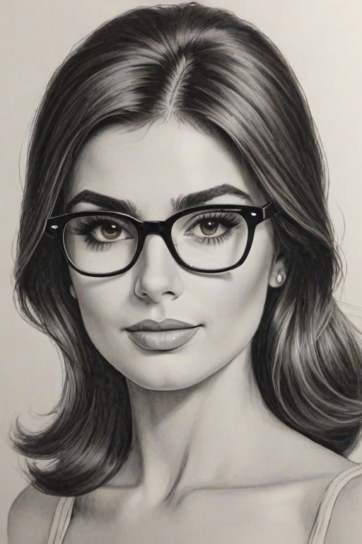 Resplendent Mikaela Hoover, pencil sketch, portrait of Magnificent woman 1967s in glasses, hair style beatnik, outline, clear lines, fine lines, 8k