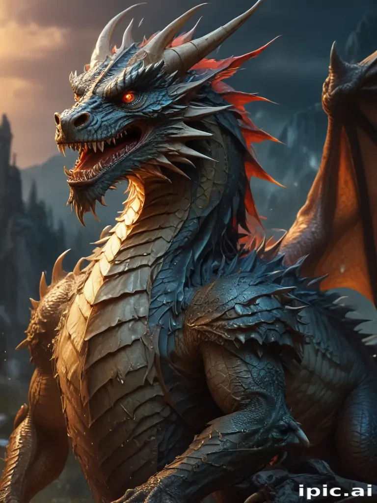 Majestic Dragon with Fiery Eyes in a Dramatic Fantasy Landscape Setting