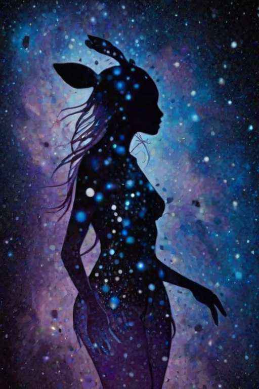 Captivating conceptual render alcohol ink art, double exposure, the paint strokes artfully merge combining a woman's full silhouette with a Humble hare's silhouette. The figures are composed of a series of colored dots, lines & spots that evoke the image of a cosmic galaxy, colors are deep shades of blue purple & black with flashes of white & silver representing distant stars. The woman's silhouette is formed within the lion's silhouette from constellations of scattered stars, surreal