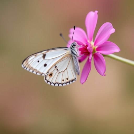 Generate an image of a butterfly perched on a pink flower with a soft, blurred background that highlights the delicate features of the butterfly and the flower. The butterfly should have a symmetrical pattern with a mix of white and dark shades, and the flower should be vibrant against a subtle, natural backdrop.