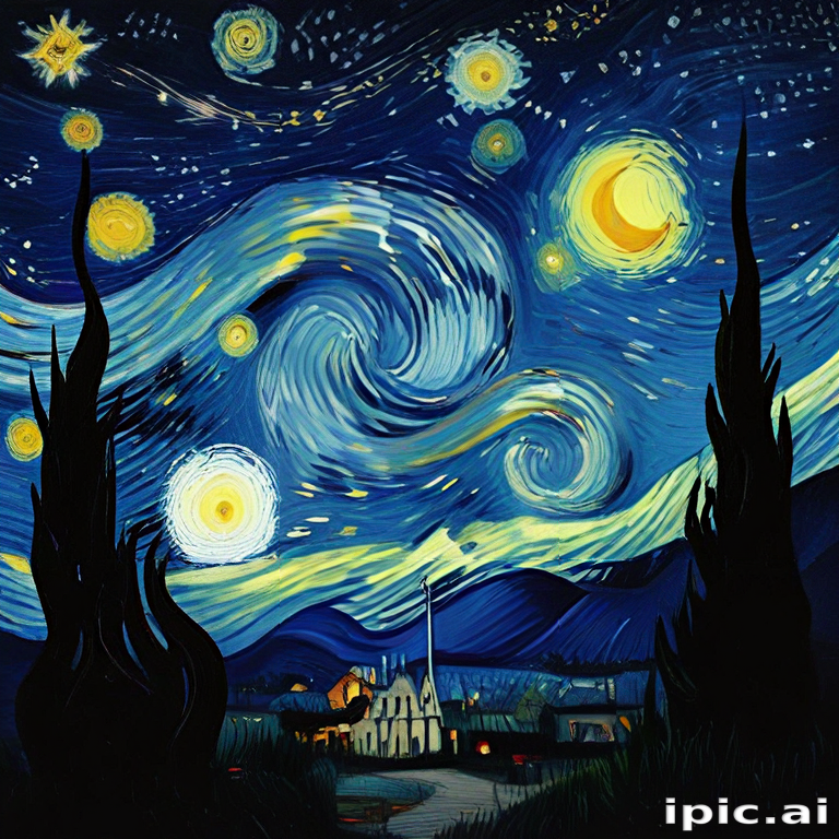 Starry Night Over a Quiet Village with Swirling Skies and Bright Stars.