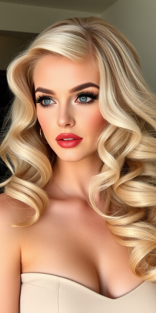 Platinum blonde bombshell flaunting a glamorous Hollywood-inspired hairstyle with voluminous curls, side-swept bangs, and a deep side part for added drama