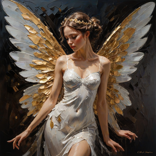 Palette knife oil painting, featuring an elegant feminine fairy with enormous translucent wings, high contrast, impasto texture, with chiaroscuro and dramatic shadows and shining Gold Foil highlights