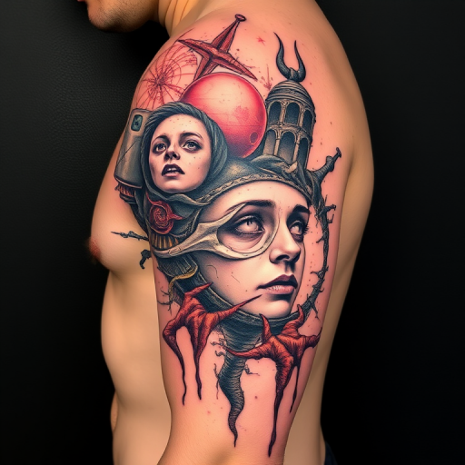 Surrealist tattoo named "Dreamscape Fusion" blending bizarre imagery and distorted proportions with a mix of color and black ink creating a thought-provoking and visually striking piece