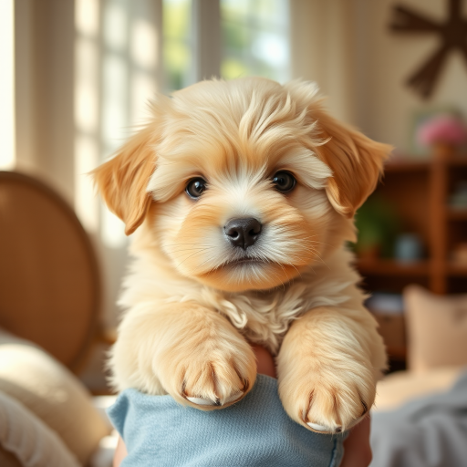 Generate an image of a fluffy light brown puppy being held by a person with a cozy indoor background featuring sunlight and soft textures the puppy has a cute expression with big eyes and a small nose