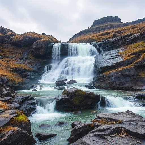 Create a high-resolution image of a waterfall in a rugged landscape, using a DSLR camera with a wide-angle lens, aperture set to f/8 for depth of field, shutter speed at 1/60s for smooth water flow, ISO 100, and capture in soft natural light during overcast conditions to enhance the serene atmosphere.