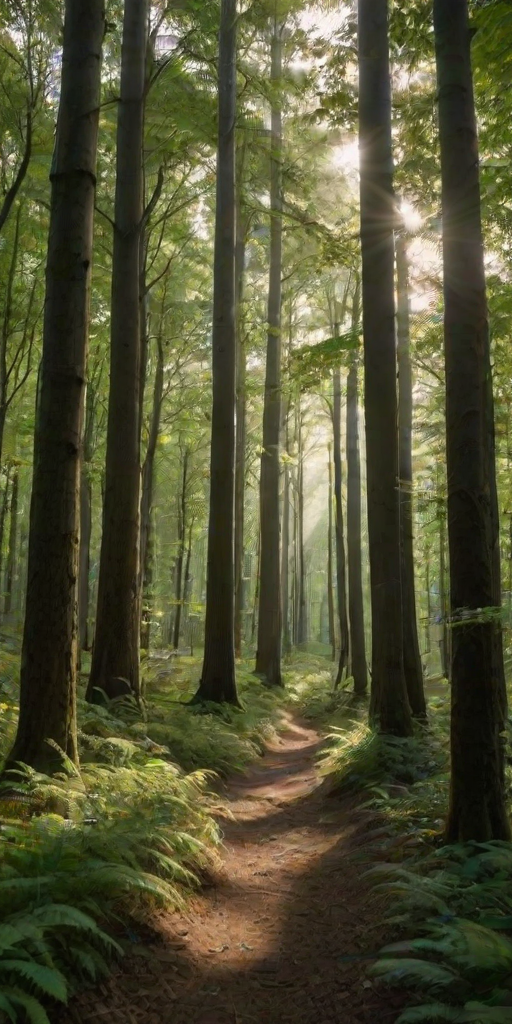 dense forest with sunlight streaming through the trees creating a mystical atmosphere, highlighting the green foliage and tall trunks