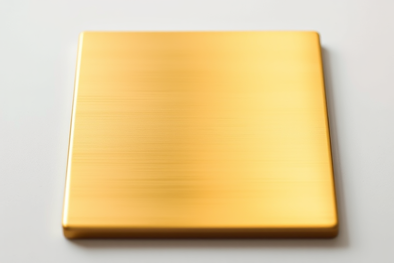 Create a high-resolution image of a shiny gold square with a smooth gradient finish, captured with a Canon EOS R5, 50mm lens, f/1.8 aperture, ISO 100, natural lighting, and a soft focus background.