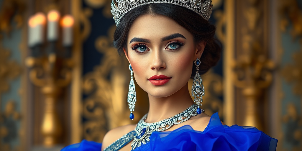A gorgeous Kyrgyz woman in a luxurious blue gown, accessorized with a dazzling tiara and statement earrings, her deep blue eyes highlighted by impeccable makeup, poised in a royal setting, photorealistic, 8K quality