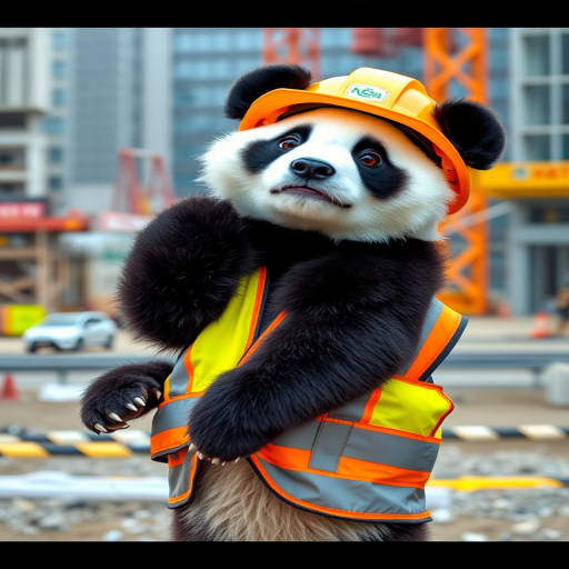 The image is a high-resolution photograph of a Naughty panda, depicted standing on a bustling construction site. Huahua has her distinctive black and white fur, and she is dressed in a bright yellow construction helmet and a reflective safety vest, adding to her professional appearance. The helmet has a small logo on the front, and the vest is detailed with reflective stripes, creating a realistic construction look.