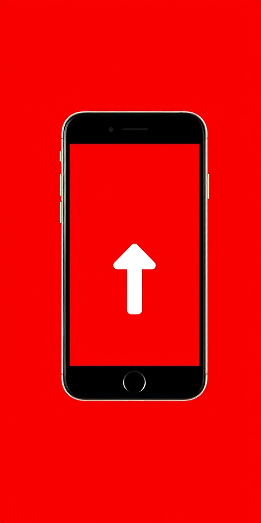 Create a vibrant, minimalist icon of a smartphone with an upward arrow, centered on a bright red background, using a Canon EOS R6 with a 50mm f/1.8 lens, at ISO 100, f/4, and a focal length of 50mm, shot from a straight-on view for clarity and impact.