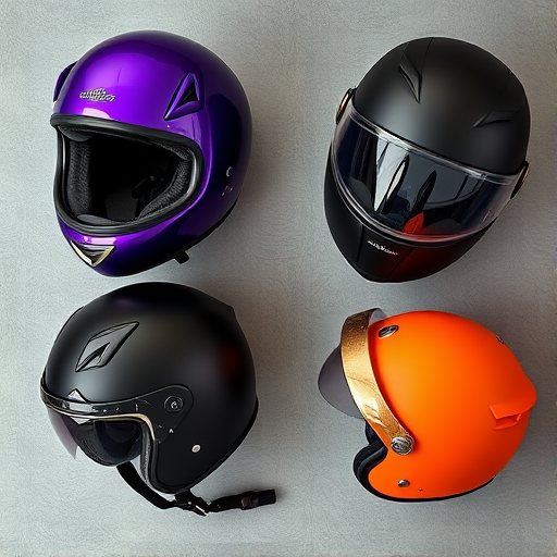 Generate an image featuring four motorcycle helmets: a glossy purple open-face helmet, a matte black full-face helmet, a vintage black half helmet with a visor, and an orange vintage half helmet; camera settings: f/4 aperture, 1/60 sec shutter speed, ISO 400; camera view: overhead flat lay; camera style: enhanced color saturation; camera type: DSLR.
