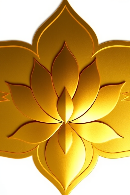 Create a high-resolution image of a symmetrical golden lotus flower design with a smooth metallic finish, captured using a DSLR camera with a 50mm lens, aperture set to f/2.8, ISO 100, and a soft focus background for depth.