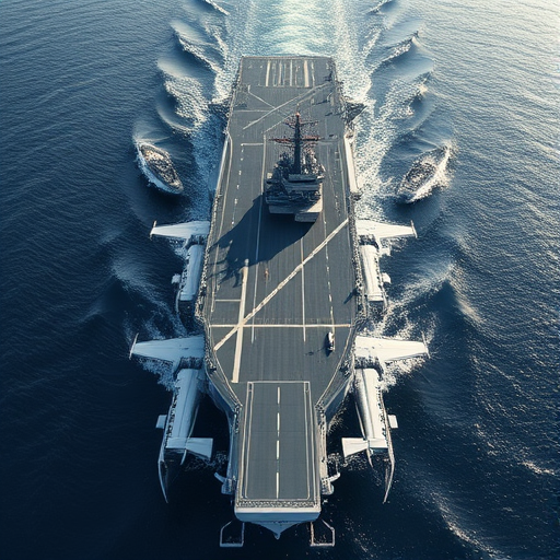 Generate a high-resolution illustration of an aircraft carrier from a top-down view, using a DSLR camera with a 50mm lens at f/8, ISO 200, shoot in RAW format for enhanced detail and clarity.