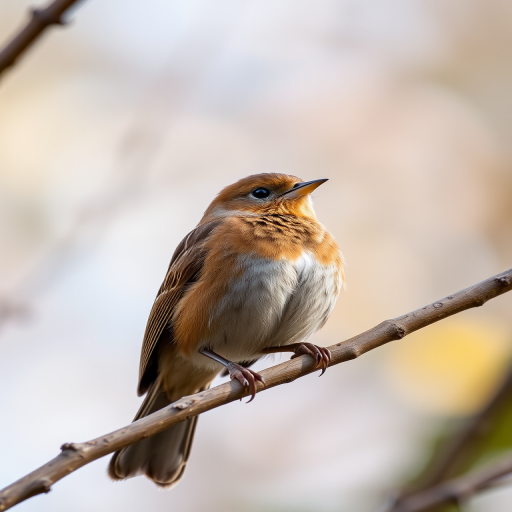 Capture a close-up shot of a brown bird perched on a tree branch with soft focus on the background, using a DSLR camera, 200mm lens, aperture f/4.0, shutter speed 1/250s, ISO 100, natural lighting, and shot from eye level.