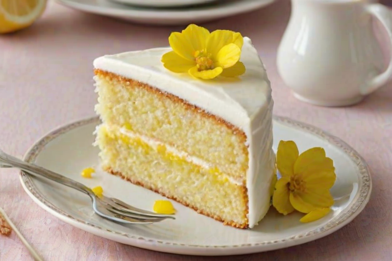 Generate an image of a slice of lemon cake on a white plate. The cake should have three layers with a creamy frosting, decorated with small yellow flowers. In the background, there should be a whole lemon cake with a similar frosting and floral decoration. The setting should be bright and inviting, with hints of lemon slices around the plate.
