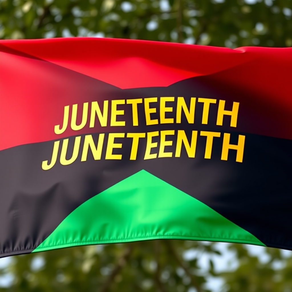 Create an image of the Juneteenth flag with vibrant colors: red at the top, black in the middle with the word "JUNETEENTH" in bold gold lettering, and green at the bottom, captured using a DSLR camera with an aperture of f/2.8, ISO 100, and a focal length of 50mm to enhance sharpness and clarity.