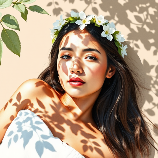 create a watercolor painting of an ethereal portrait of beautiful Aymara woman with a simple white flower crown on her head. Her hair is long and she is lying on the ground. The sunlight on the trees casts shadows from the leaves on her face and body. The background is a neutral brown color that matches her skin tone. The image is minimalist and solid colors. This style is characterized by soft, delicate brushstrokes and a light, airy, contrasting color palette. High level of detail and play of light