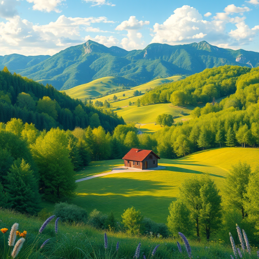 Create a vibrant landscape illustration of a serene countryside with a small house among lush green trees and rolling mountains in the background, using a wide-angle view, vibrant color palette, and a digital illustration style, mimicking a Canon EOS R5 with f/4 aperture, ISO 100, and a 24mm lens.