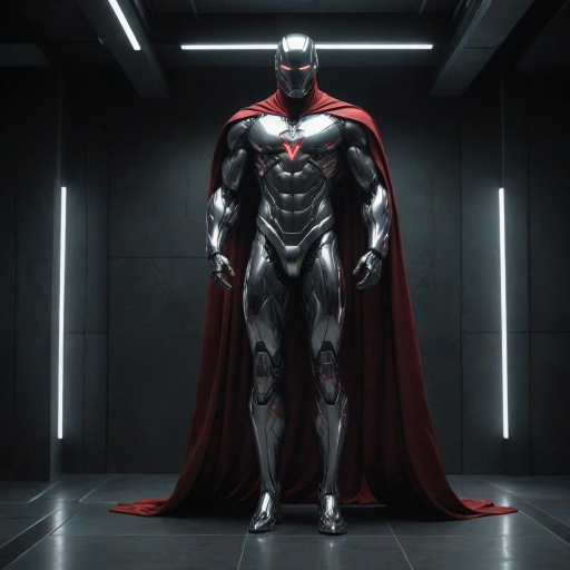 An ultrarealistic photograph of an enormous minimalist futuristic full-body power suit, without lights, made of white metal and polymer, full crystal hull, for a muscular man, imposing, modern minimalism, elegant, dystopia, mysterious, godlike, scary, in a dark room, with a red cape, 8k