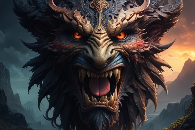 Iconic Beast Majestic Beast with Fiery Eyes and Intricate Ornate Details in Landscape.