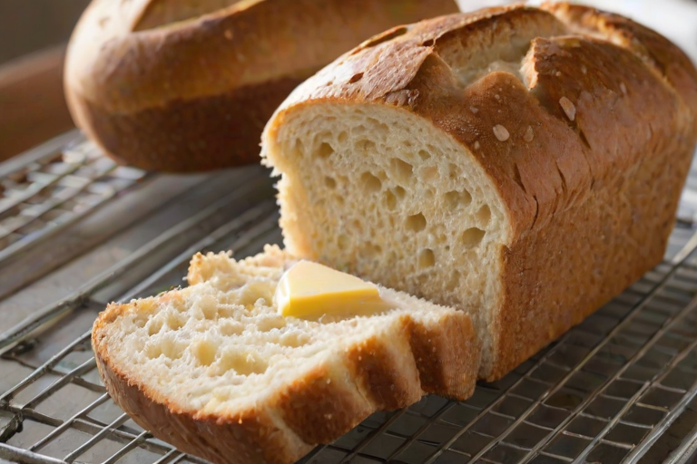 Close-up of a freshly baked loaf of bread cooling on a wire rack, soft natural light highlighting the crust and a butter dish waiting beside it.
