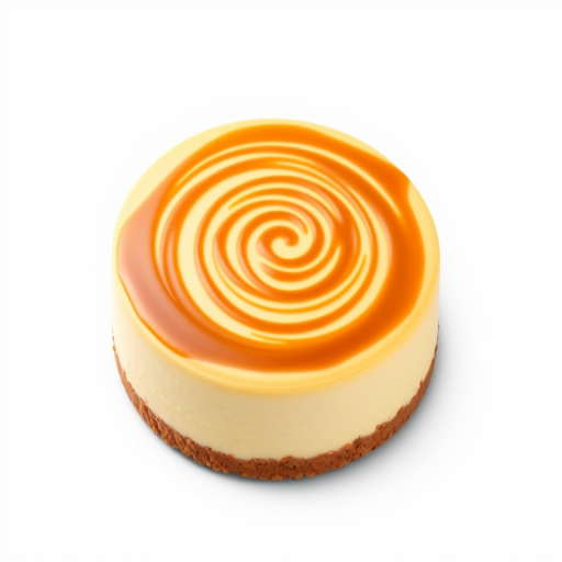 Create an image of a round cheesecake with a smooth creamy texture topped with a caramel swirl design the cake should have a golden caramel color and a crumbly graham cracker crust the background should be simple and unobtrusive to highlight the cheesecake