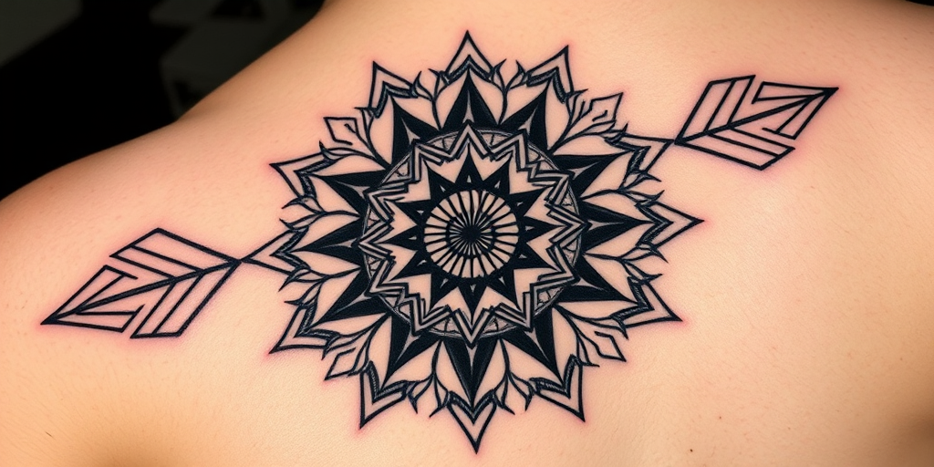 Geometric blackwork tattoo called "Sacred Geometry" incorporating intricate mandala patterns with sharp angles and bold lines forming a mesmerizing optical illusion across the skin