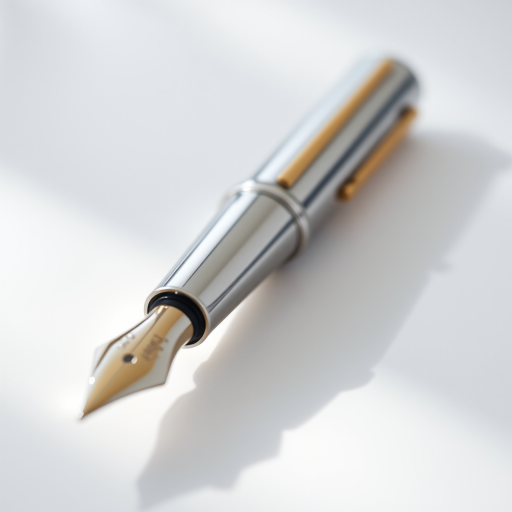 a close-up of a sleek silver fountain pen with a gold nib resting on a smooth white surface, soft diffused lighting to create gentle shadows, 50mm lens, aperture f/2.8, ISO 100, shot with a DSLR camera