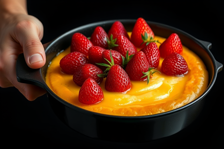 A beautifully arranged dessert in a black pan featuring a smooth golden base topped with vibrant red strawberries and herbs, with a hand holding the pan, set against a dark background.