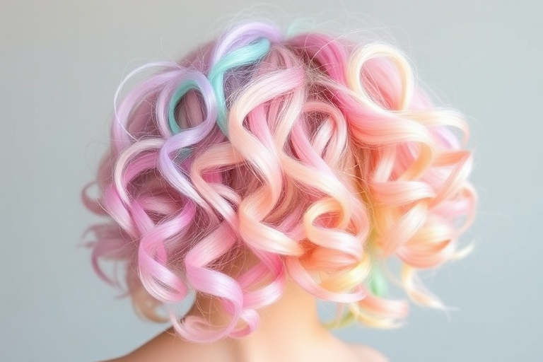 Pastel Rainbow Parfait presents a delightful blend of soft pastel hues including pink, lavender, mint, and peach, styled in loose, bouncy curls