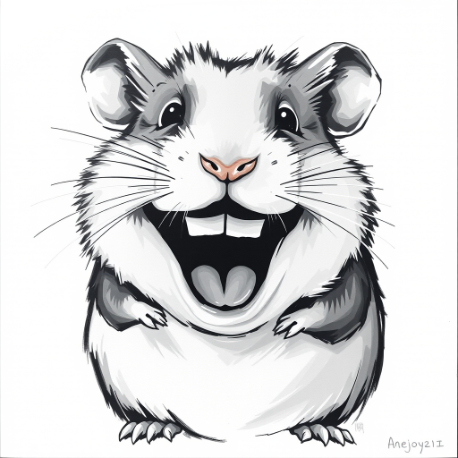 Abstract black and white acrylic portrait of an over exaggerated laughing (hamster). Minimalism style. White background.