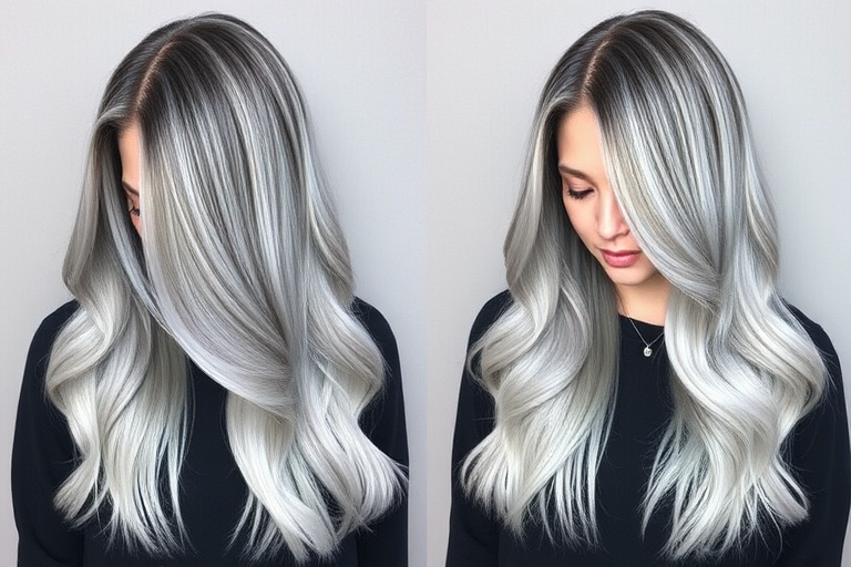 Dramatic silver ombre hair styled in the "Moonlit Cascade" features long, straight locks gradually fading from dark charcoal roots to brilliant silver tips