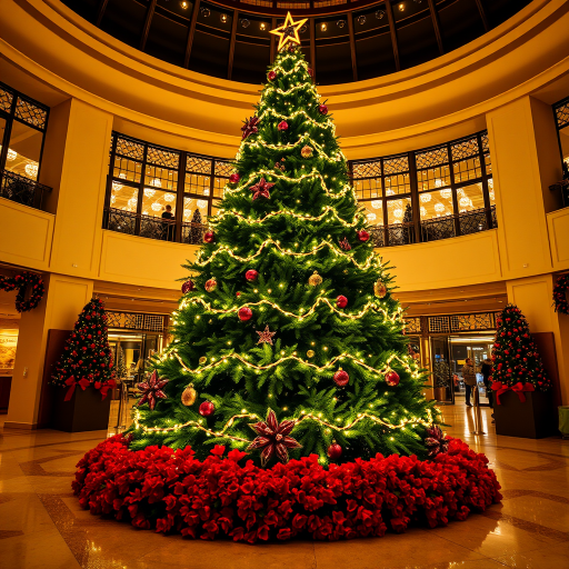 Create an image of a large, illuminated Christmas tree adorned with bright yellow lights in a festive indoor setting. The tree should have multiple tiers and a star on top. Surround the base with vibrant red decorations or flowers, creating a warm and cheerful holiday atmosphere.