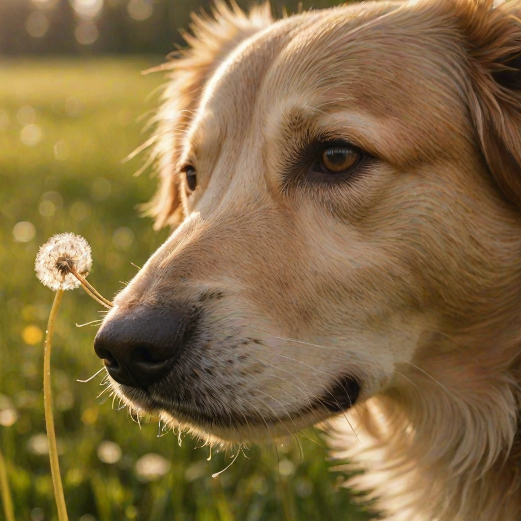 Close-up of a dog's nose sniffing a vibrant dandelion, with delicate seeds caught mid-flight in the soft golden light of a spring afternoon, and soft green grass blurred in the background.