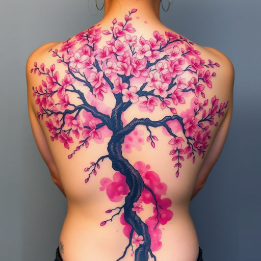 Vibrant watercolor tattoo adorning the entire back, featuring a sprawling cherry blossom tree with petals cascading down the spine, branches extending across shoulder blades in soft pink and purple hues