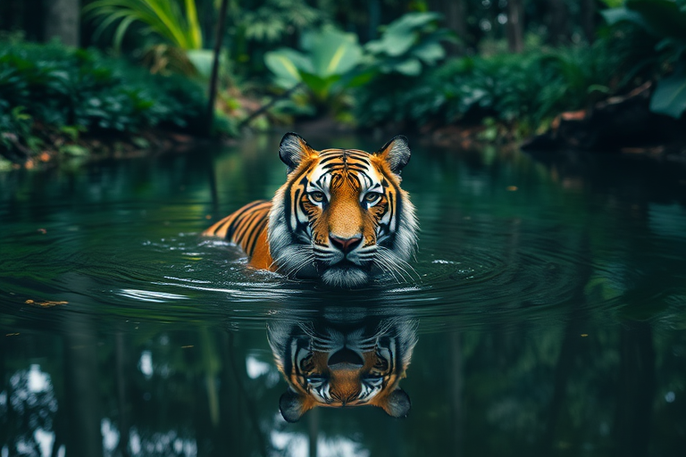 A tiger swimming in a serene forest pond with lush greenery reflecting in the water, shot with a DSLR camera, 50mm lens, aperture f/2.8, ISO 200, soft focus, natural lighting, eye-level view.