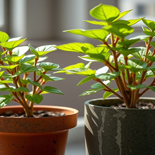 Create a high-resolution image of two potted plants with vibrant green leaves, using a DSLR camera at f/2.8 aperture, 50mm lens, natural lighting, and a shallow depth of field to emphasize the textures of the pots and leaves, shot from a slightly elevated angle.