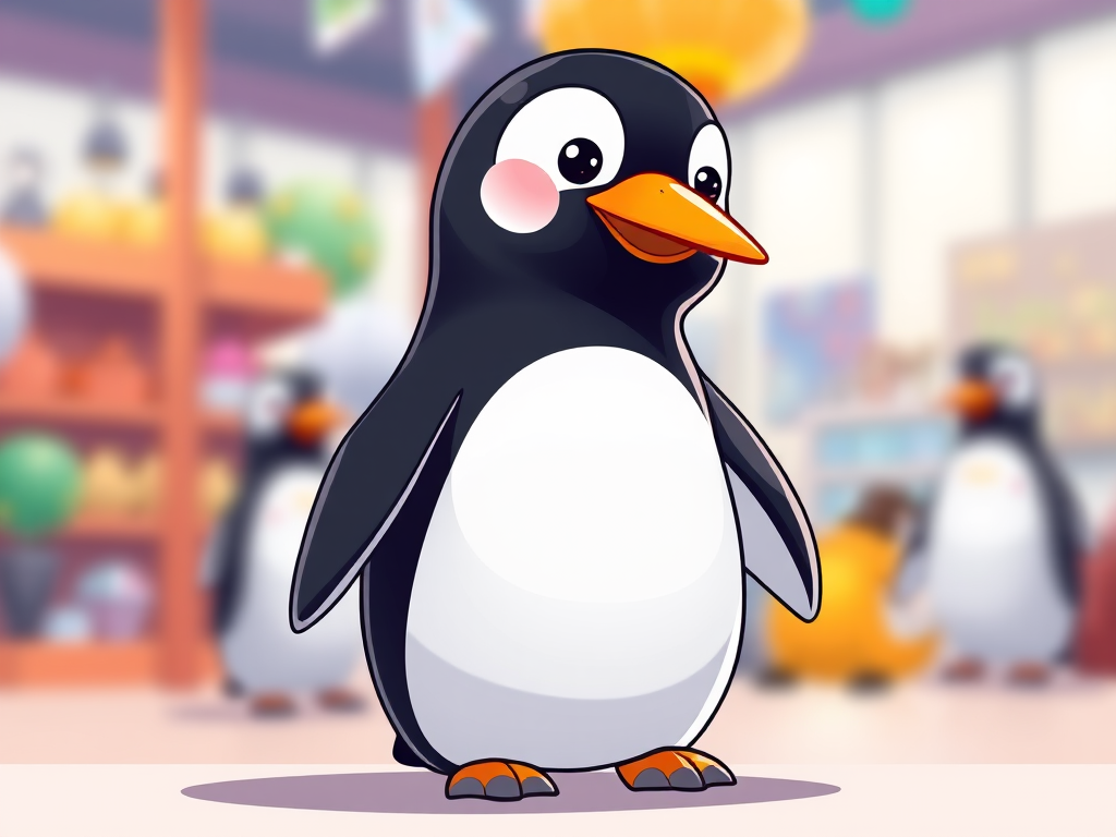 Create a high-resolution cartoon-style illustration of a penguin with a black body, white belly, and orange beak, captured in a bright and colorful setting using a DSLR camera, 50mm lens, f/1.8 aperture, ISO 100, and natural daylight to enhance image quality.