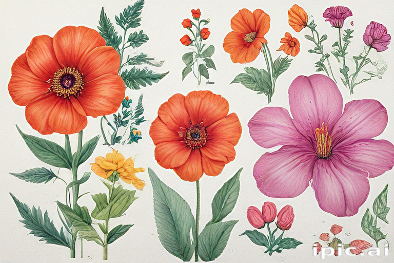 Vibrant Botanical Illustration Showcasing a Variety of Colorful Flowers ...