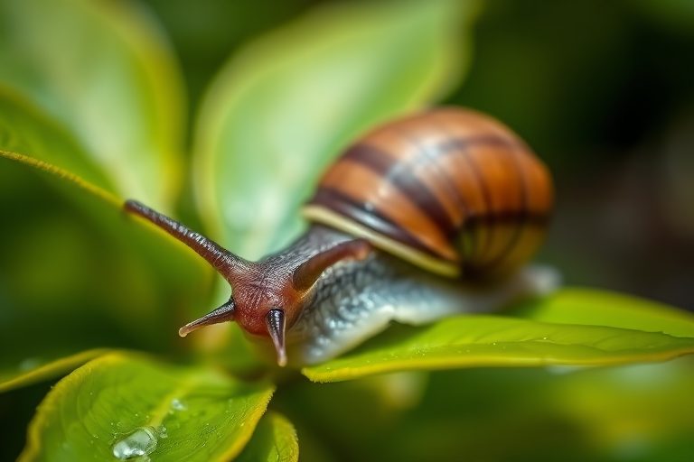 macro shot of a snail on green leaves, shallow depth of field, natural light, f/2.8, 100mm lens, ISO 200, capture with a DSLR camera, focus on the snail's texture and details